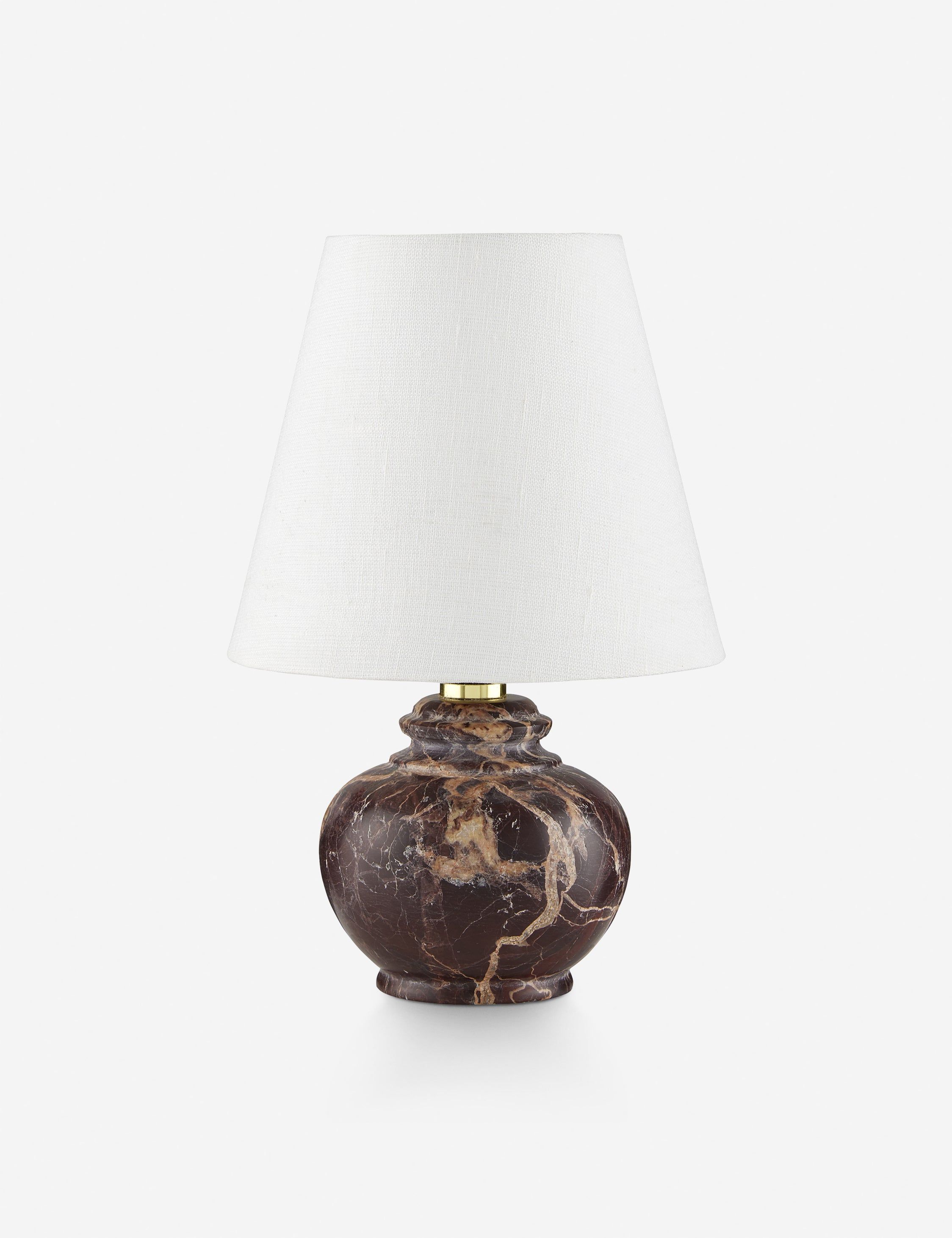 Oxblood Brown Marble Mini Table Lamp with Off-White Linen Shade