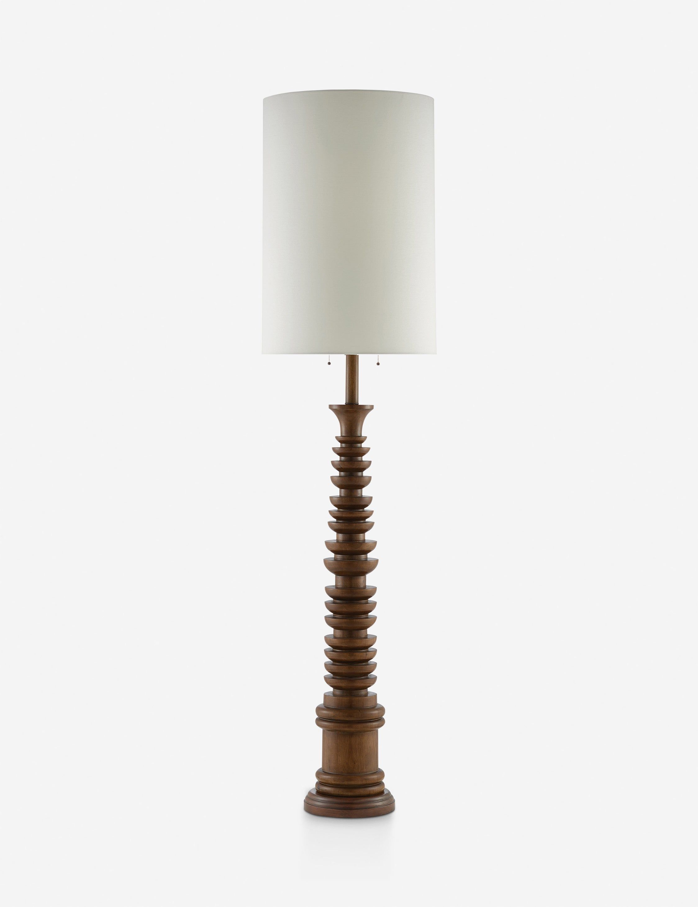 Natural Wood Sculptural Floor Lamp with Light Eggshell Linen Shade