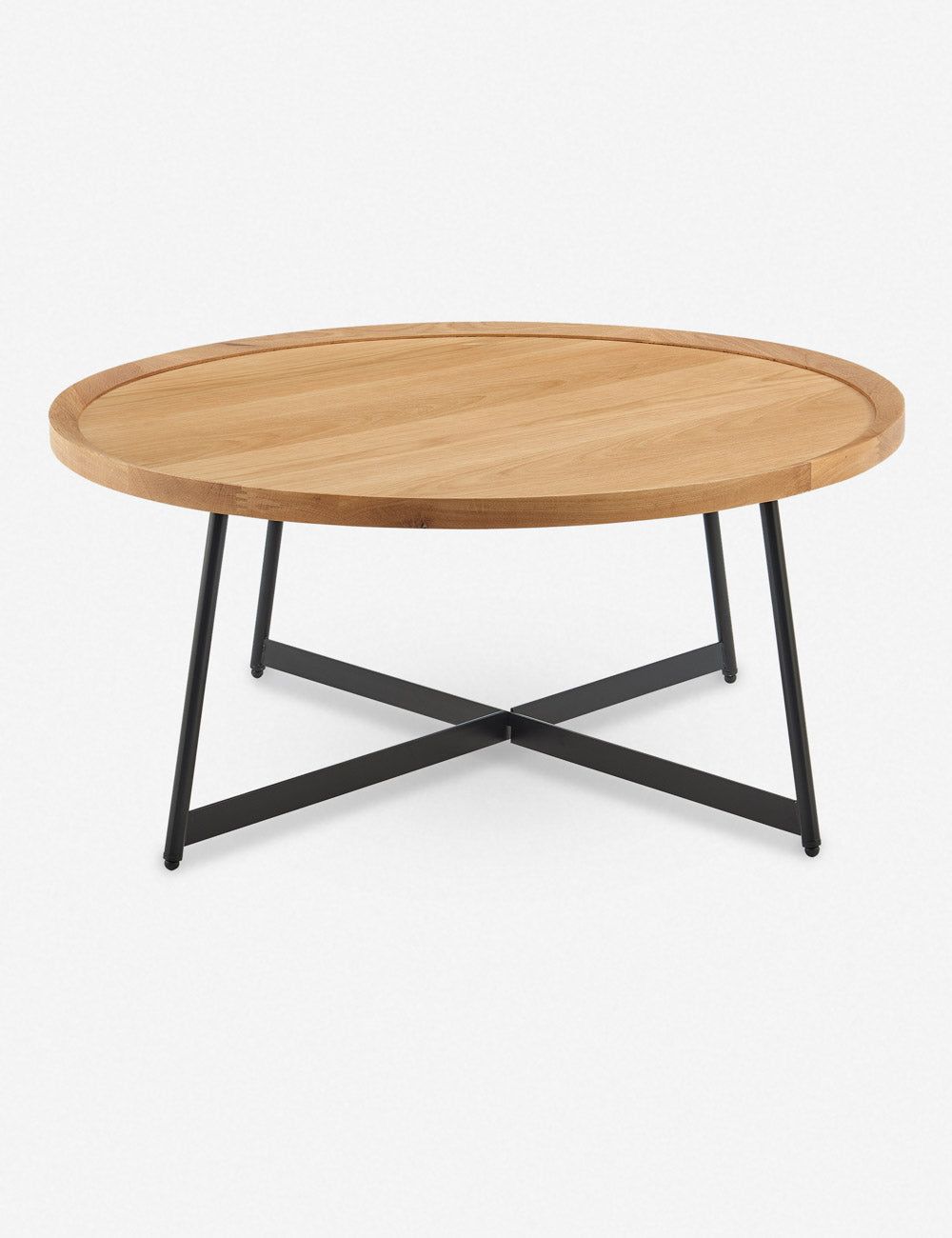 35" Light Oak and Black Steel Round Coffee Table