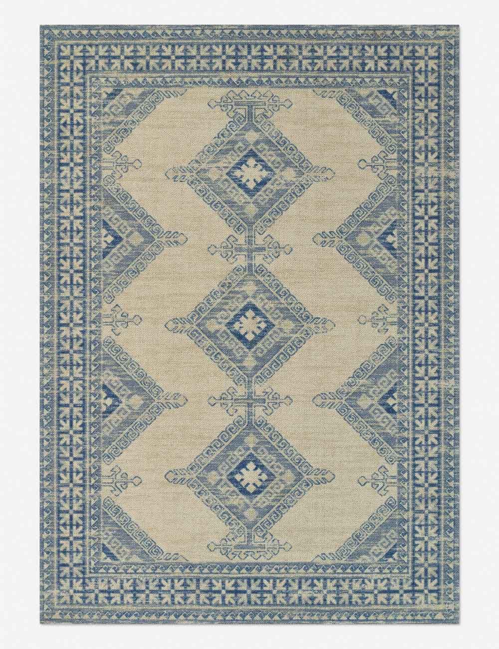 Ivory and Blue Medallion Wool Blend Runner Rug