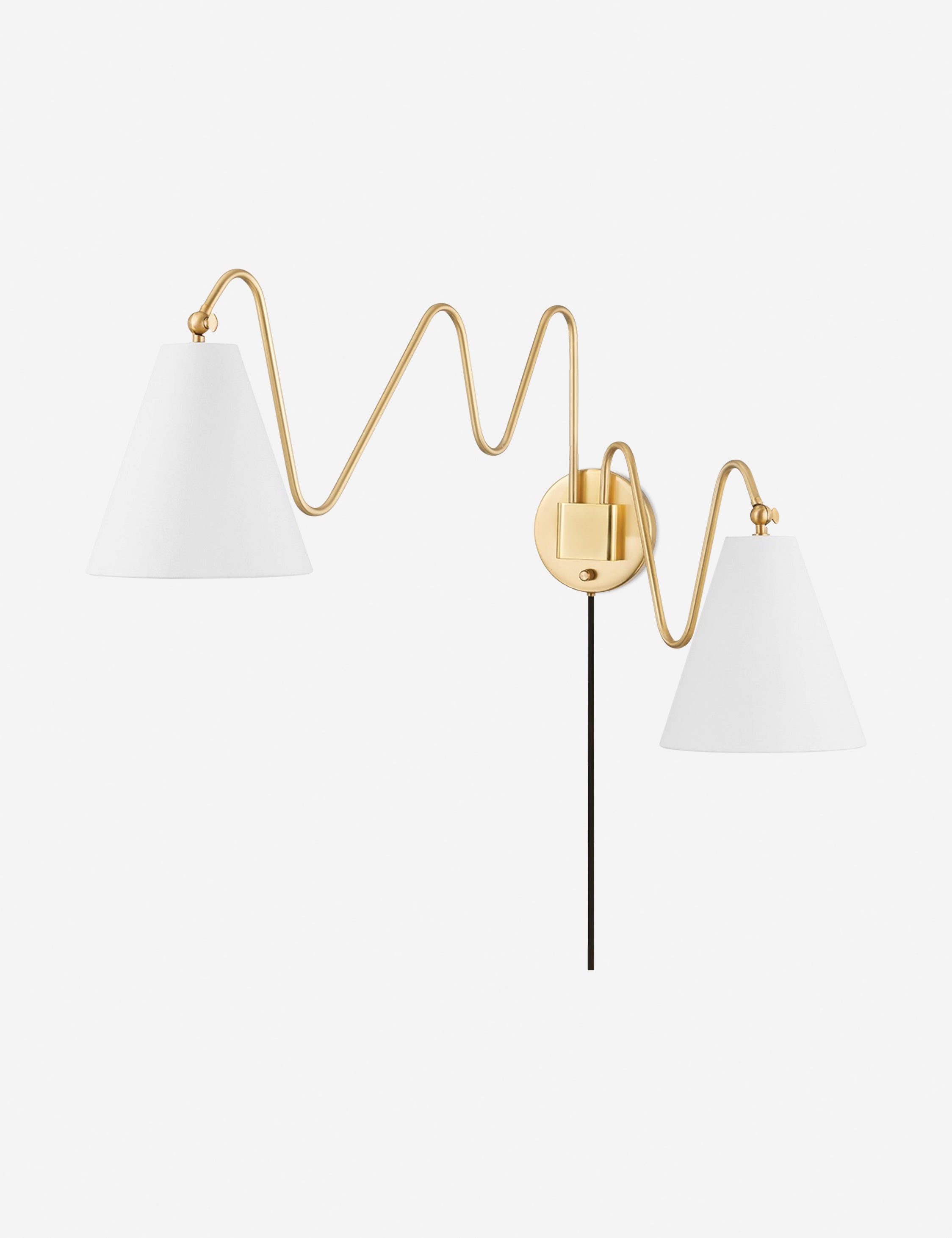 Aged Brass Double Sconce with White Linen Shades