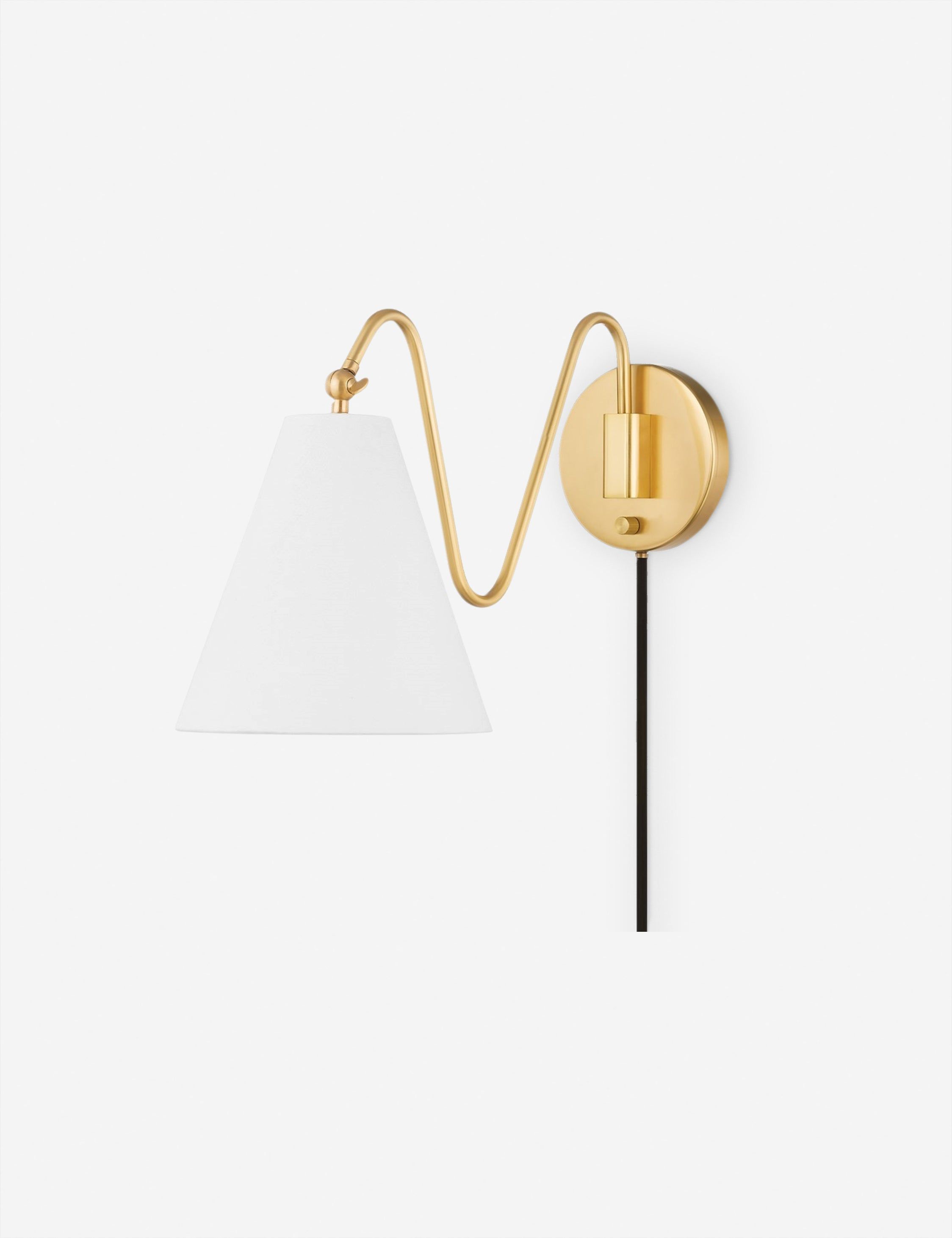 Aged Brass and White Linen Plug-In Sconce