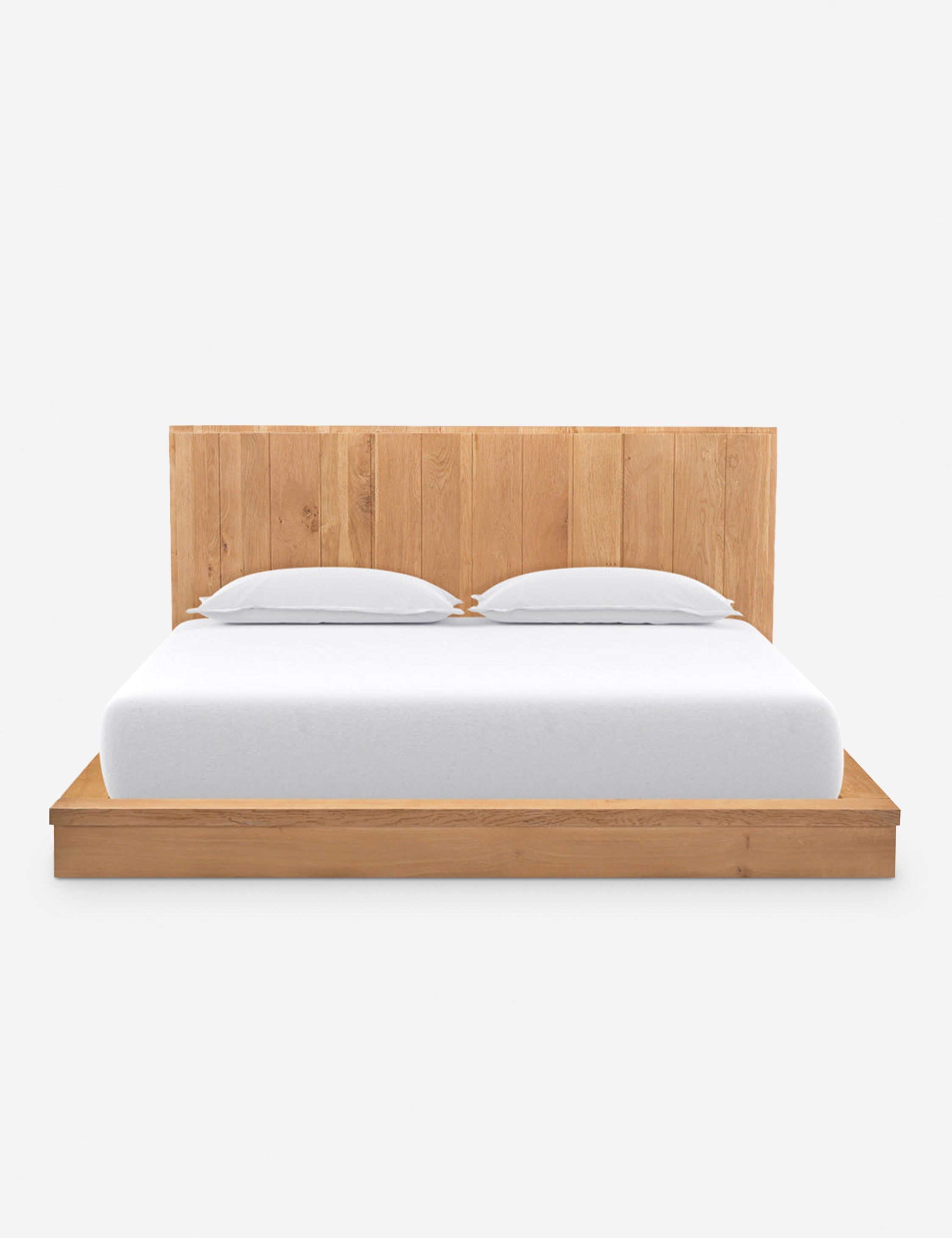 Mid-Century Modern Oak Queen Platform Bed with Slatted Headboard