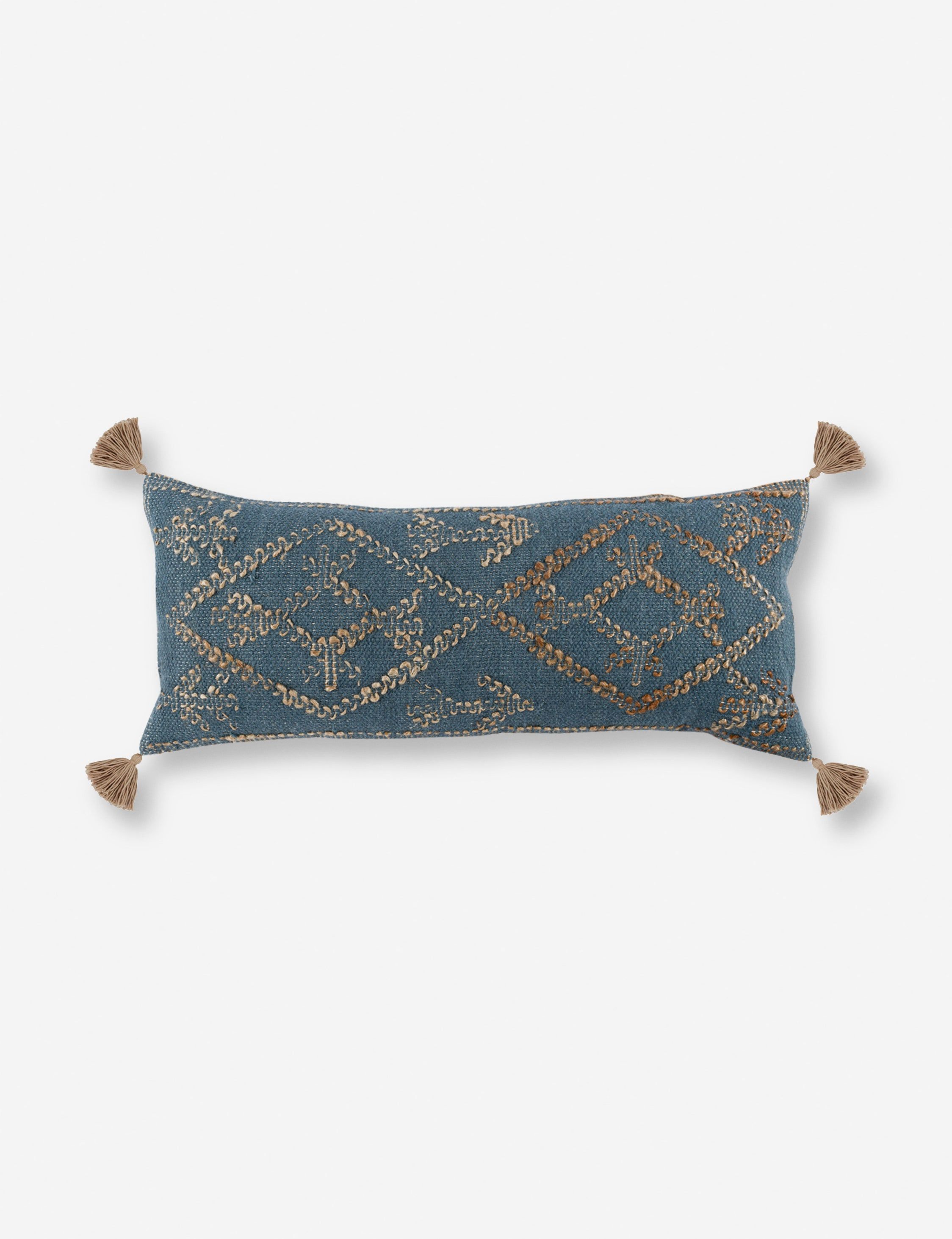 Blue and Natural Jute Patterned Lumbar Pillow with Tassels