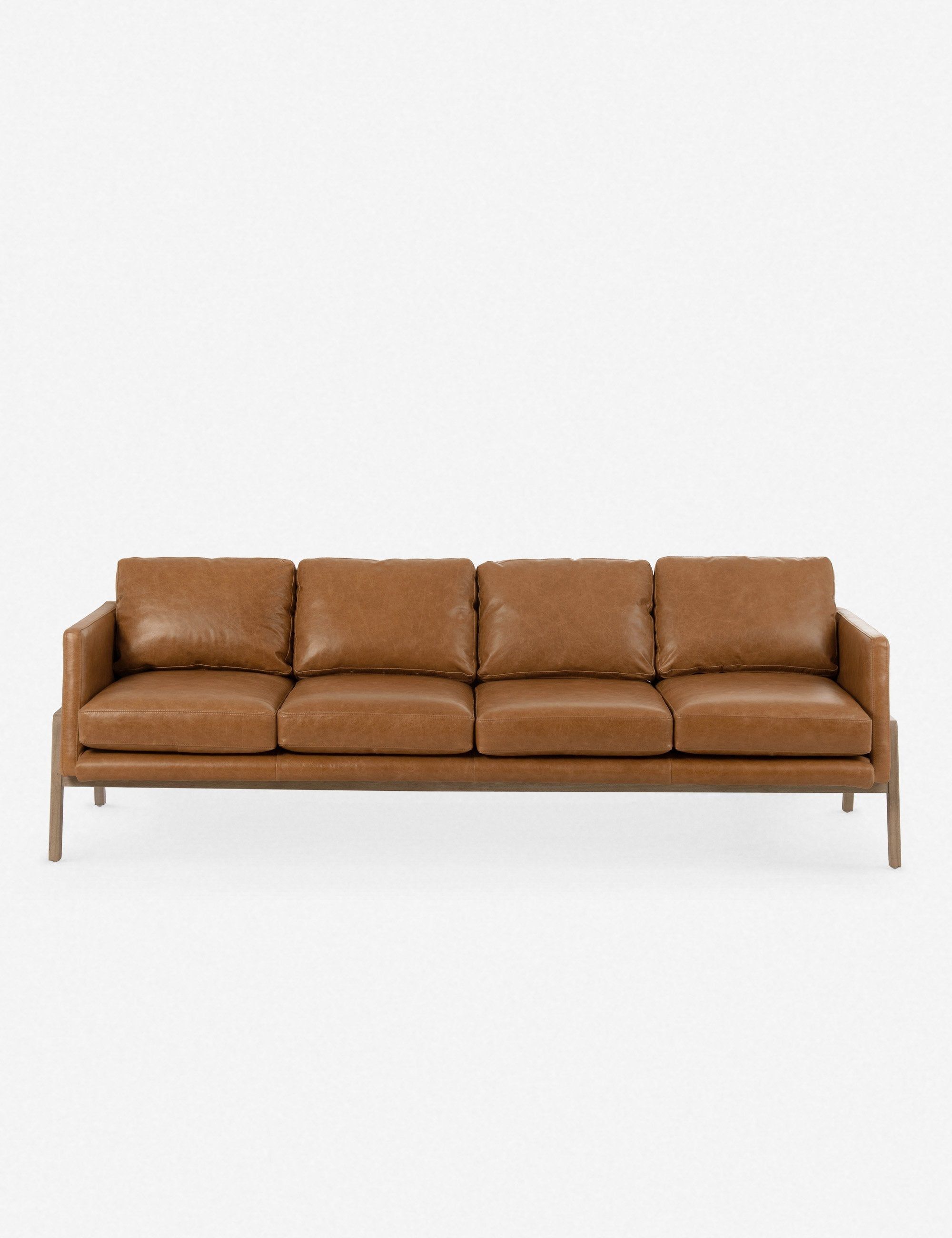 Afton Contemporary Tan Leather Sofa with Angled Wooden Frame