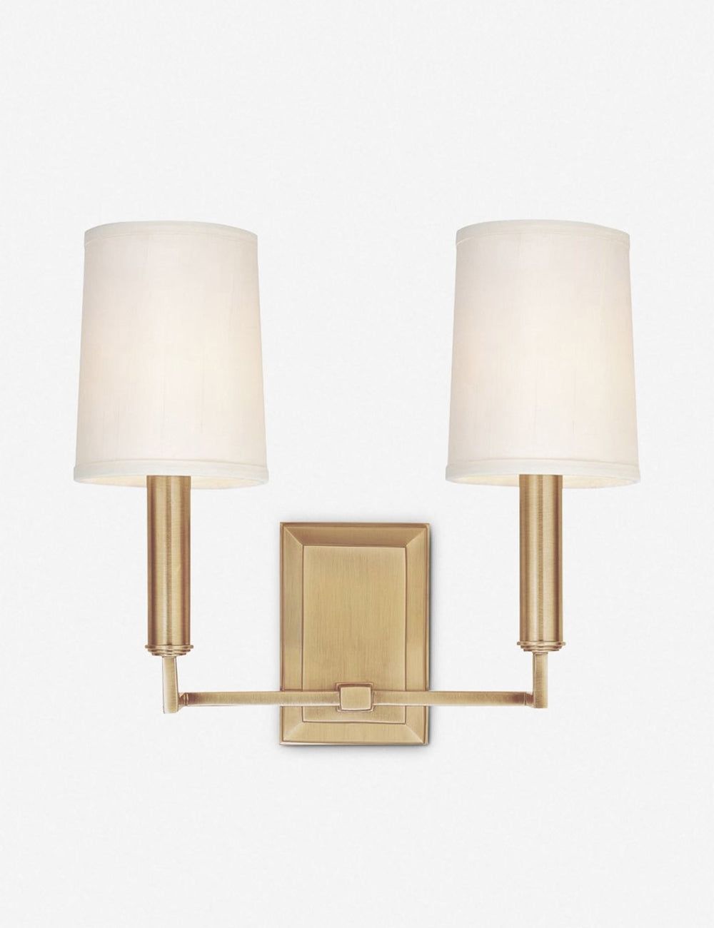 Charlie Dual-Arm Aged Brass Sconce with Off-White Parchment Shades