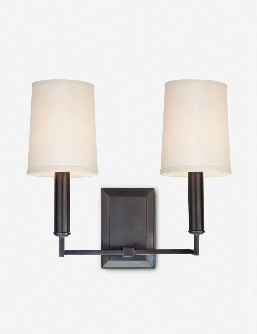 Clinton Dual-Arm Old Bronze Wall Sconce with Off-White Parchment Shades