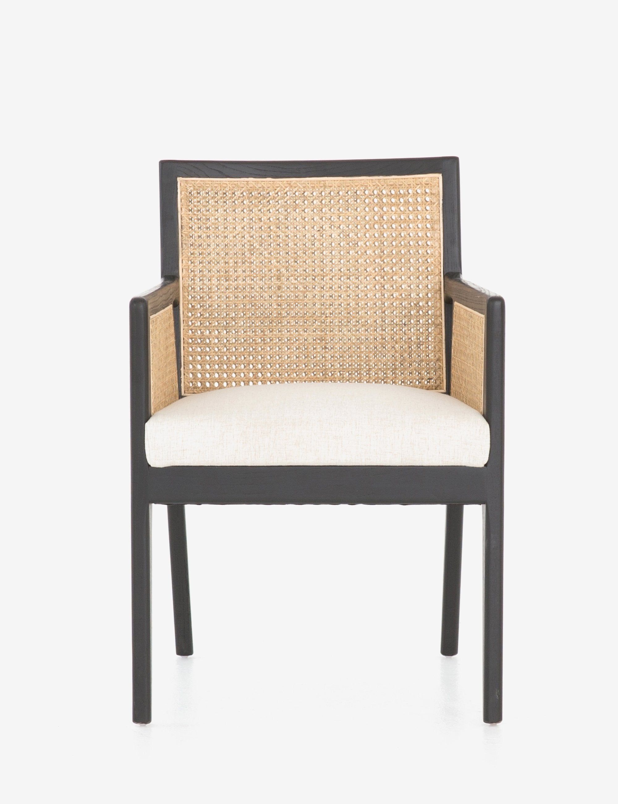 Savile Flax Linen & Cane Upholstered Arm Chair in Brushed Ebony