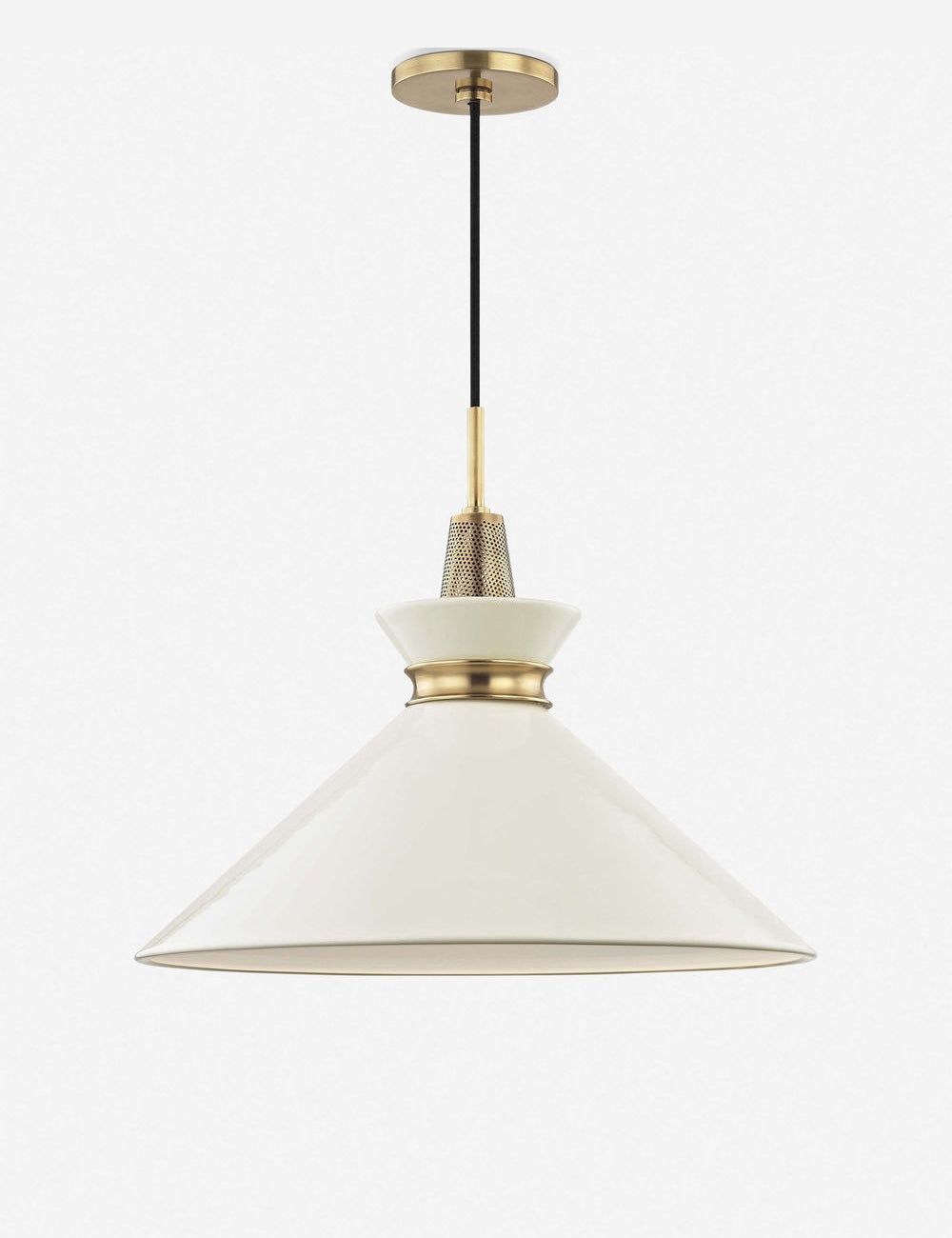 Aged Brass and Cream Large Cone Pendant Light