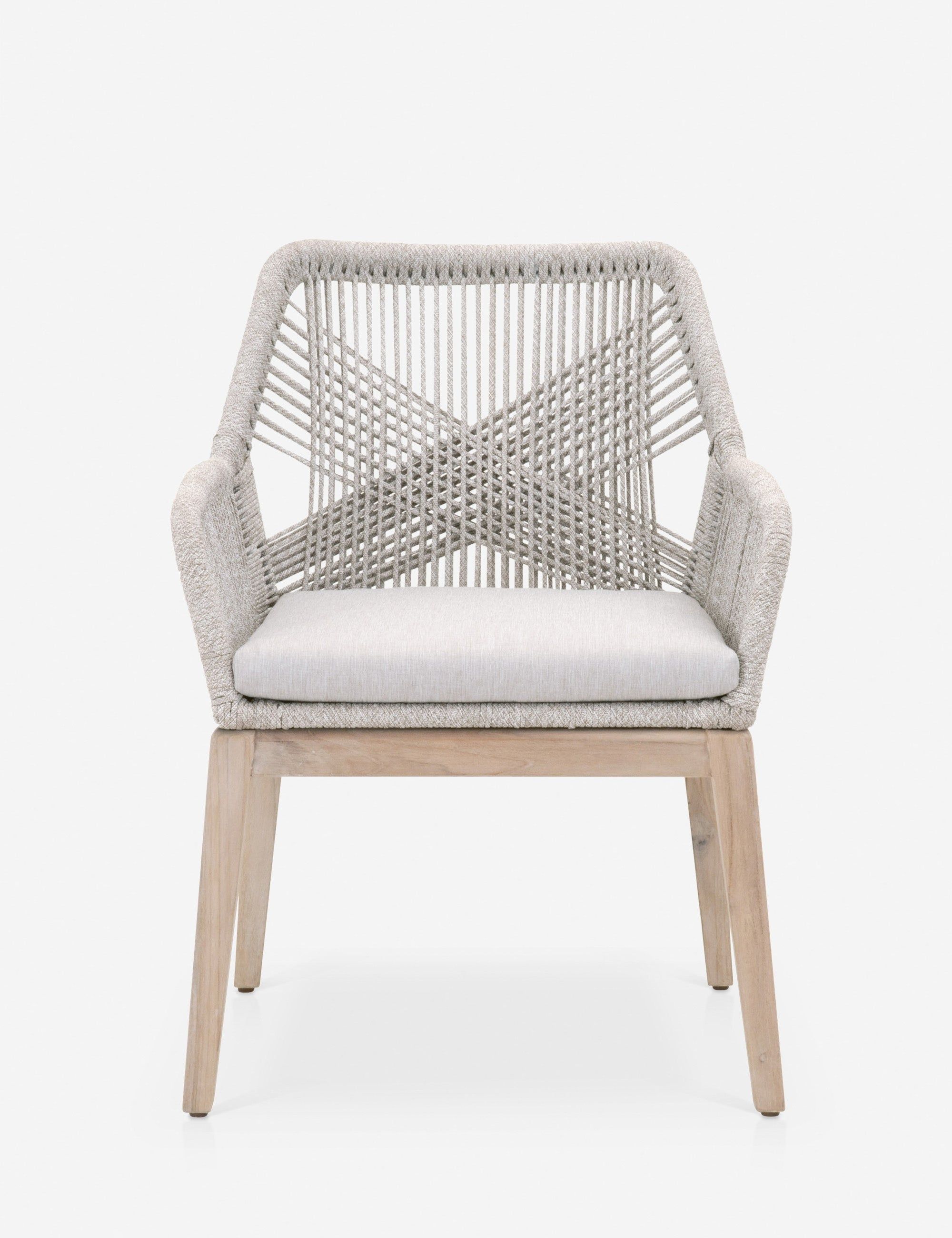 Transitional Gray and White Teak Outdoor Arm Chair with Cushions