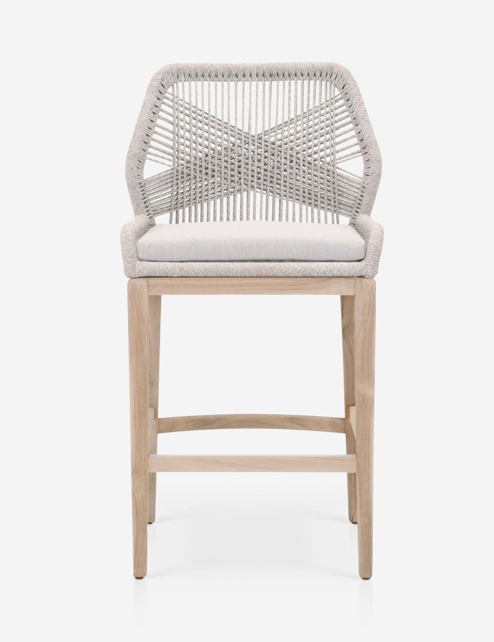 Taupe & White Coastal Loom Woven Outdoor Bar Stool with Cushions