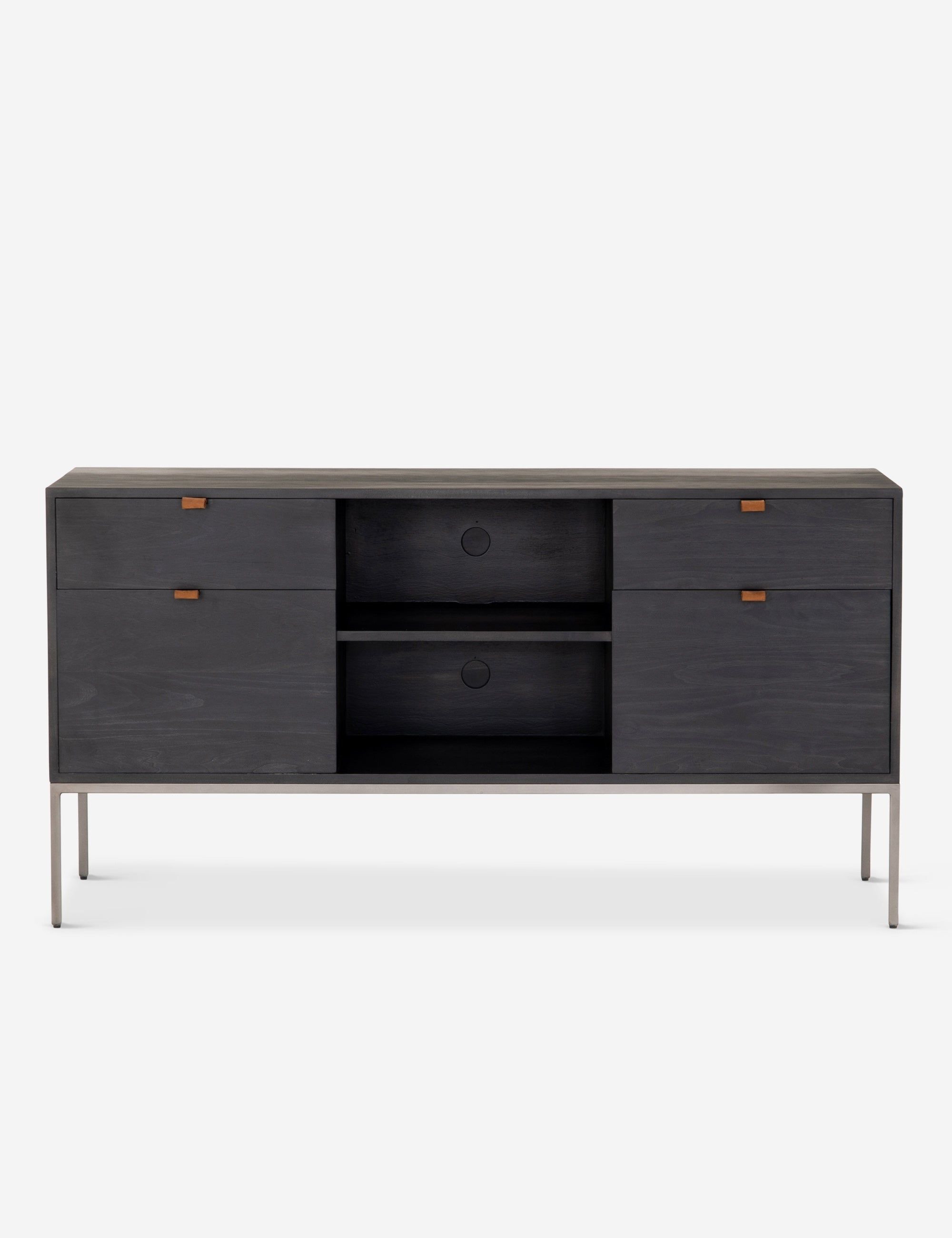 Contemporary Black Washed Poplar 4-Drawer Credenza with Toffee Leather Pulls