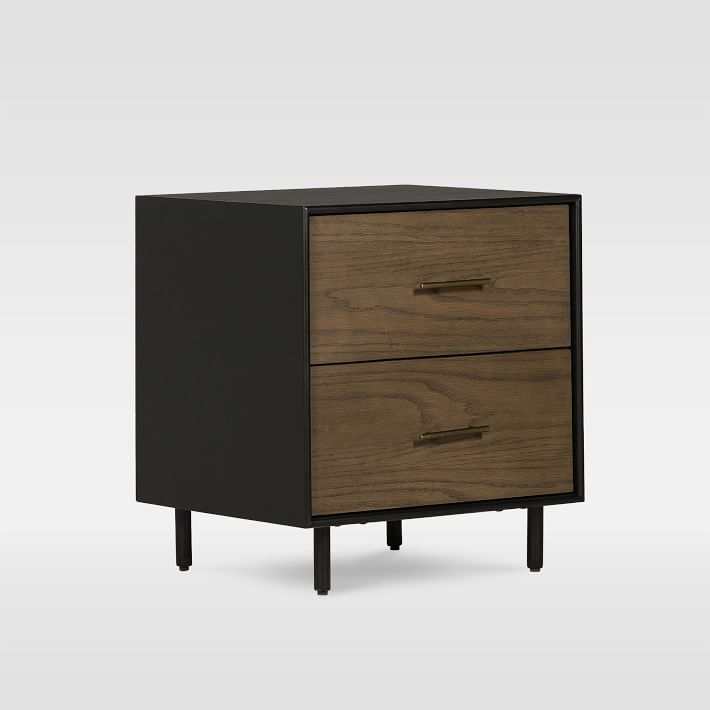 August Dual Inset Drawer Nightstand in Black-Brushed Oak with Brass Hardware