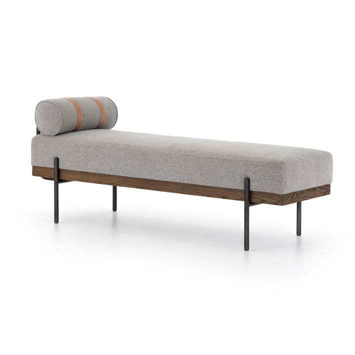 Honey-Oak and Iron Framed Transitional Accent Bench with Grey Upholstery