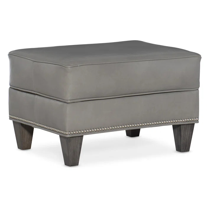Aline Light Gray Genuine Leather Ottoman with Nickel Nailhead Detail