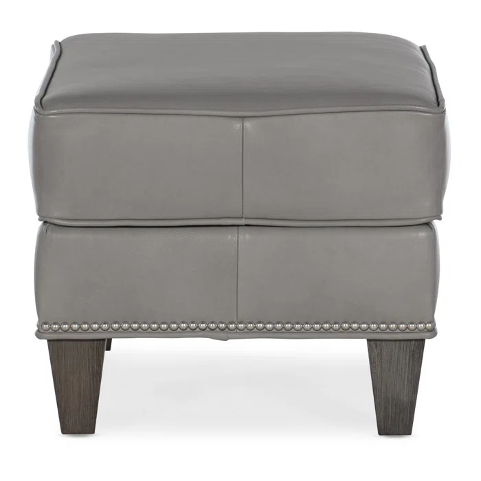 Aline Light Gray Genuine Leather Ottoman with Nickel Nailhead Detail