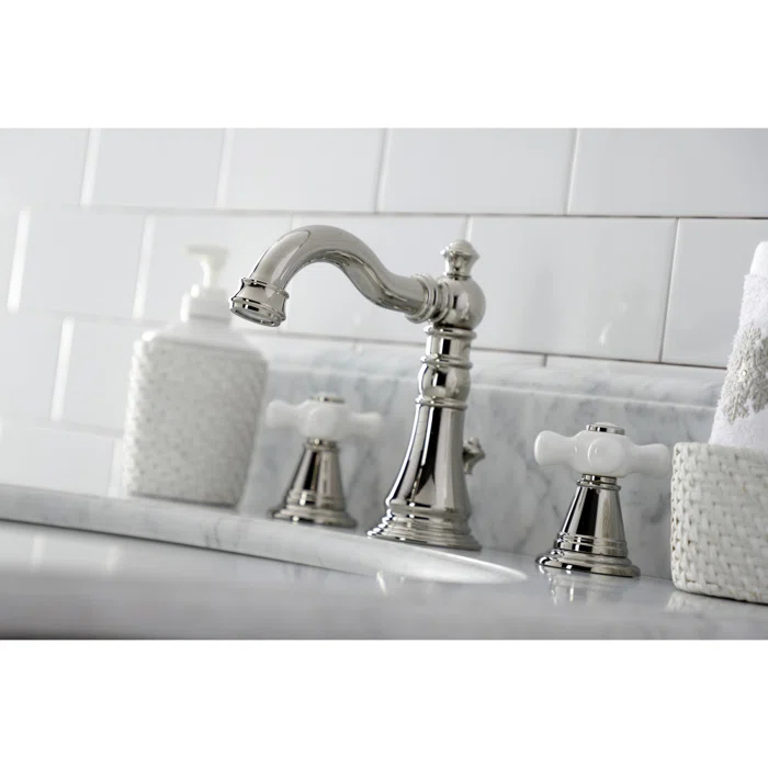 Kingston Brass American Classic Two-Handle 3-Hole Deck Mount Widespread Bathroom Faucet with Pop-Up Drain