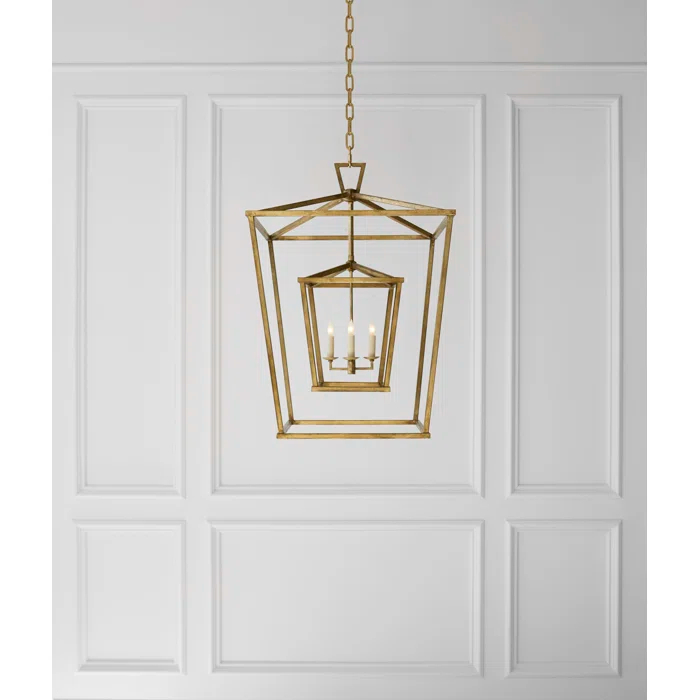 Large Gilded Iron Double Cage Chandelier with Crystal Accents