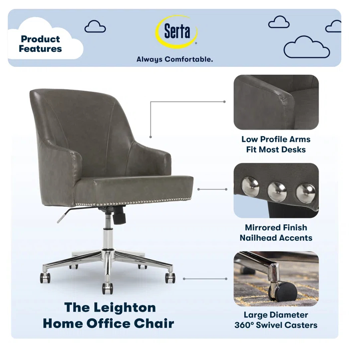 Serta Leighton Mid-Back Office Chair with Chrome Nailheads, Memory Foam Cushion, Padded Armrests