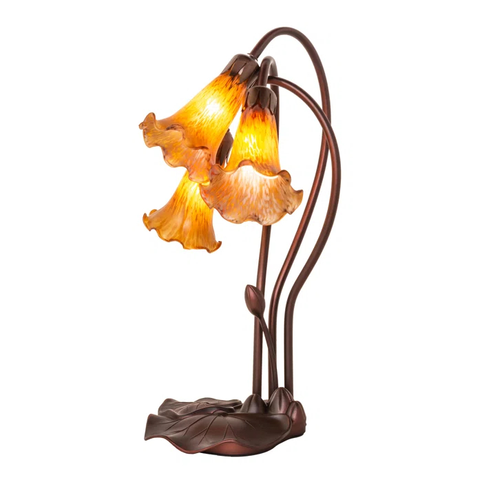Amber Stained Glass Bronze Table Lamp with Floral Design