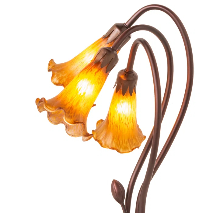 Amber Stained Glass Bronze Table Lamp with Floral Design
