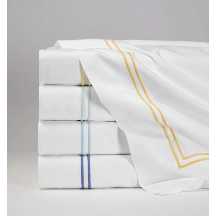 Twin White and Cornflower Blue Egyptian Cotton Embroidered Flat Sheet