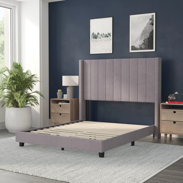 Flash Furniture Upholstered Platform Bed with Vertical Stitched Wingback Headboard, Slatted Mattress Foundation