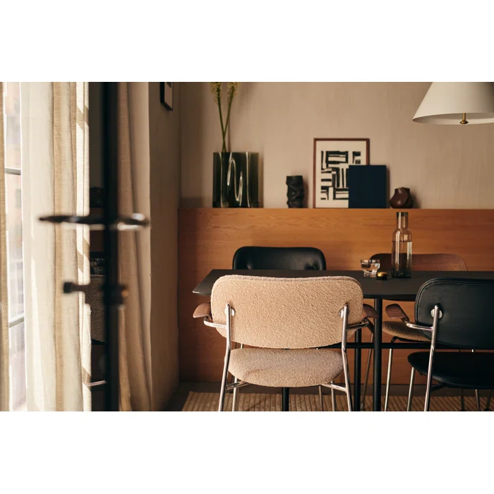 Cozy Minimalist Black Leather and Chrome Dining Chair with Armrests
