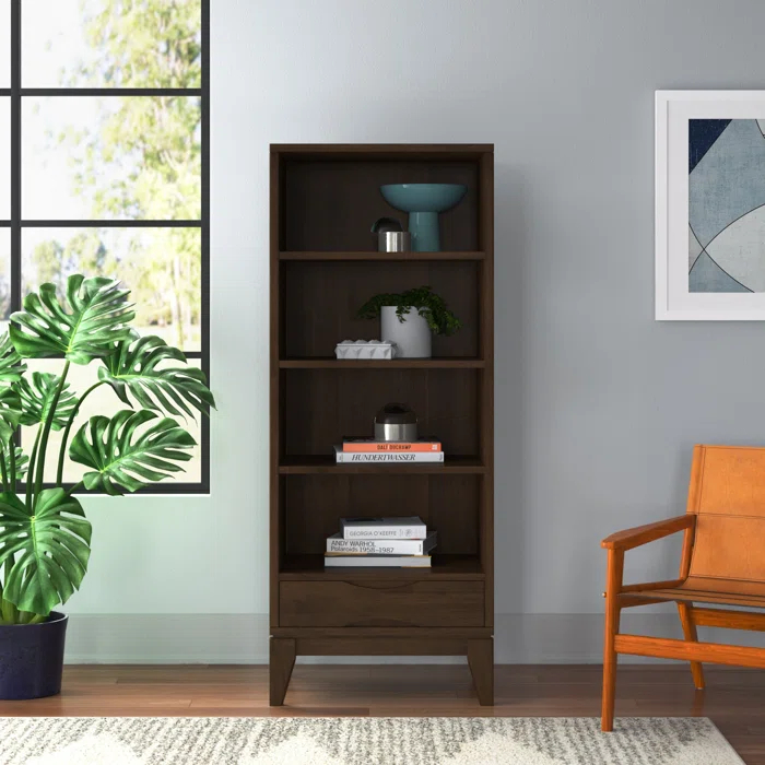 Simpli Home Harper 24"W Solid Hardwood 4 Shelf Mid-Century Modern Bookcase with Drawer and Adjustable Shelves