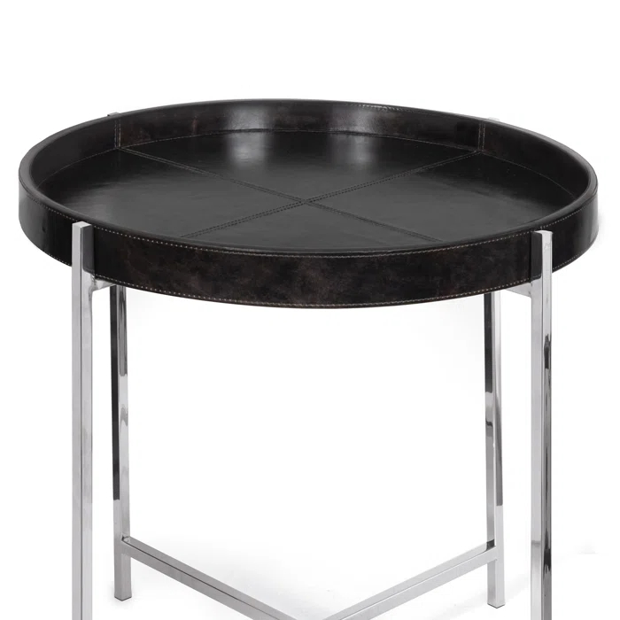 Small Black Round Metal Side Table with Polished Nickel Frame