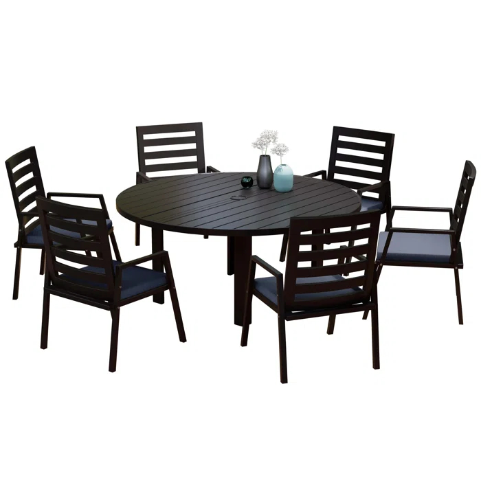 7-Piece Patio Dining Set With 60" Round Aluminum Dining Table And 6 Dining Armchair