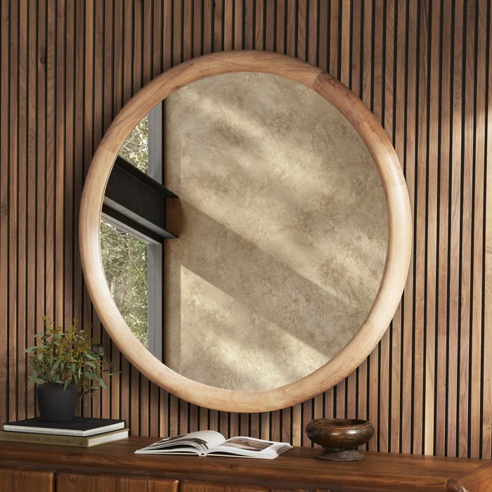 Whitewash Acacia Round Wood Wall Mirror