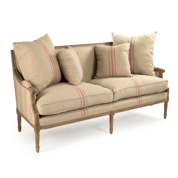 English Khaki Linen Loveseat with Red Stripe and Oak Frame