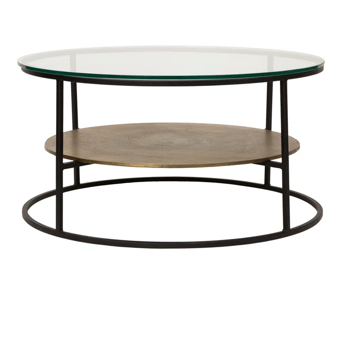 Callie Round Beige & Black Metal Coffee Table with Glass Top