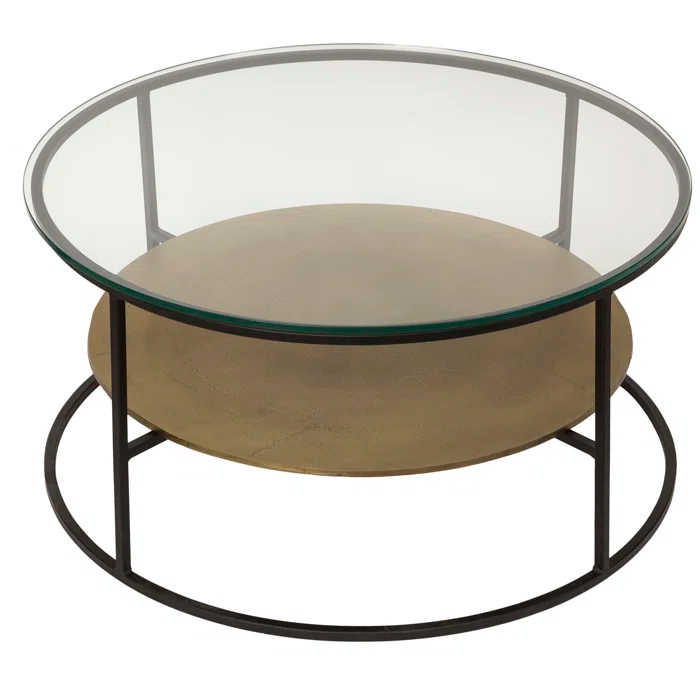 Callie Round Beige & Black Metal Coffee Table with Glass Top
