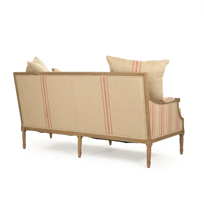 English Khaki Linen Loveseat with Red Stripe and Oak Frame