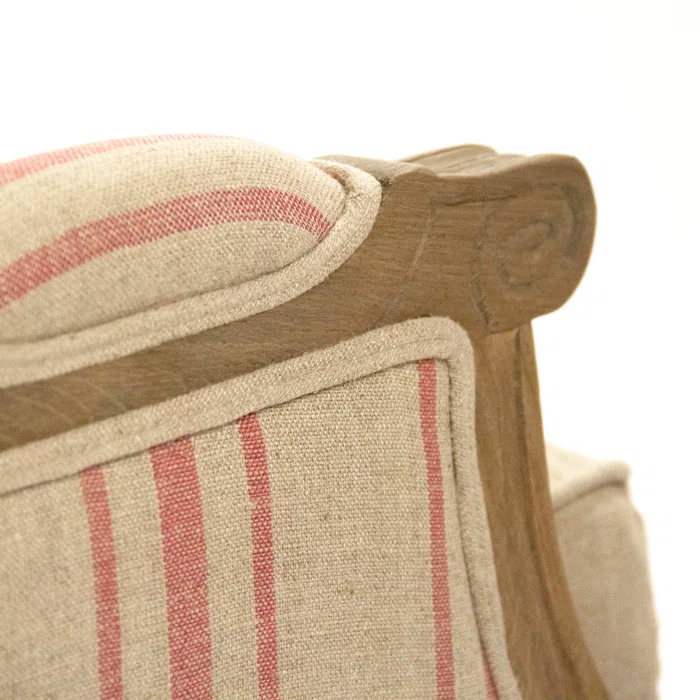 English Khaki Linen Loveseat with Red Stripe and Oak Frame