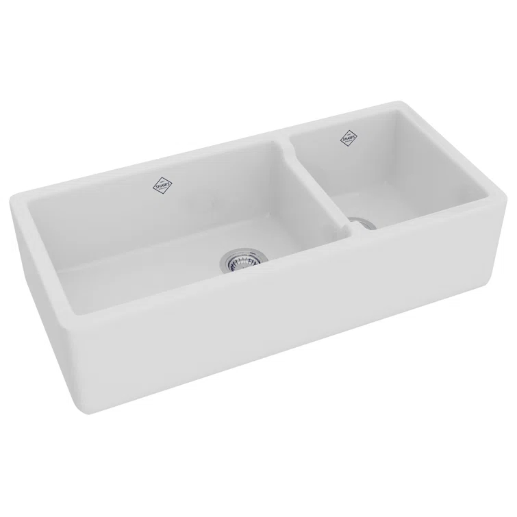 Shaws RC4019WH Lancaster 40" Double Bowl Farmhouse Apron Front Fireclay Kitchen Sink