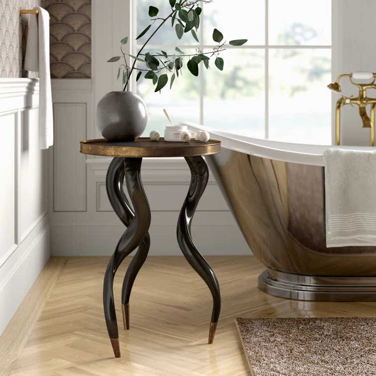 Faux Ebony and Brass Round End Table with Cast Horn Legs