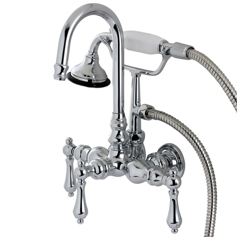 Kingston Brass Aqua Vintage Three-Handle 2-Hole Tub Wall Mount Clawfoot Tub Faucet with Hand Shower