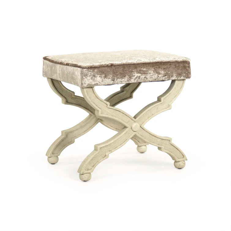Crushed Champagne Velvet Accent Stool with Distressed Ivory Legs