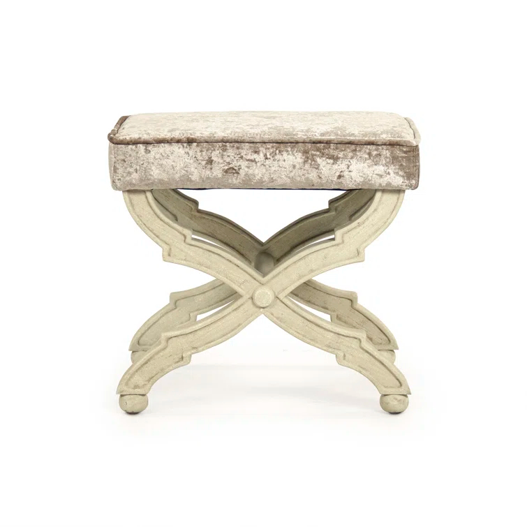 Crushed Champagne Velvet Accent Stool with Distressed Ivory Legs