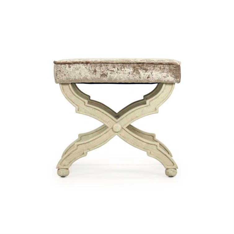 Crushed Champagne Velvet Accent Stool with Distressed Ivory Legs