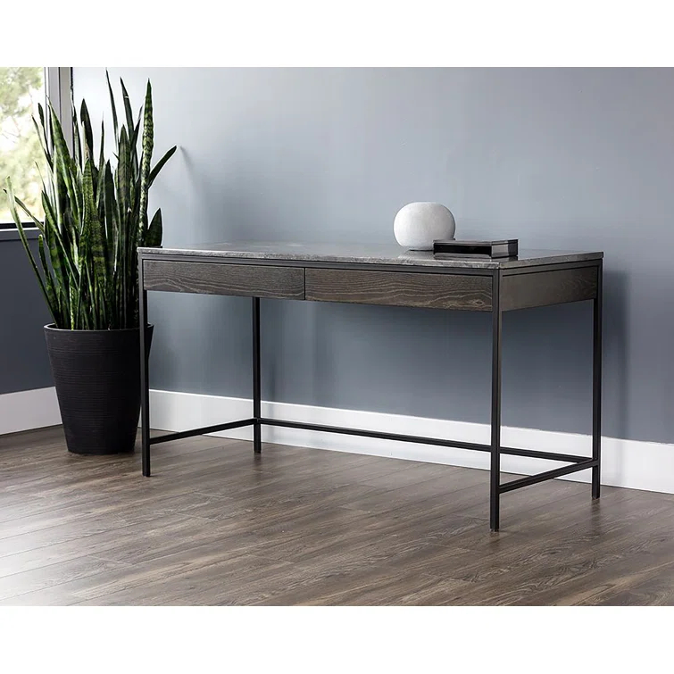 Gray Oak and Marble Home Office Desk with Drawer