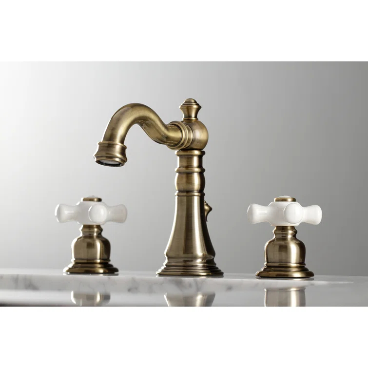 Kingston Brass American Classic Two-Handle 3-Hole Deck Mount Widespread Bathroom Faucet with Pop-Up Drain