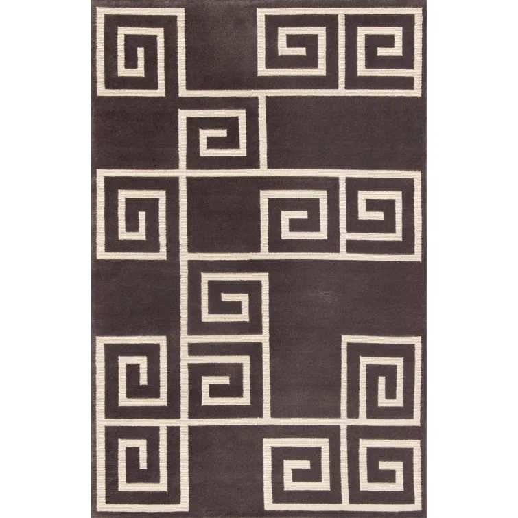 Art Deco Inspired Slate and Cream Hand-Knotted Wool Area Rug