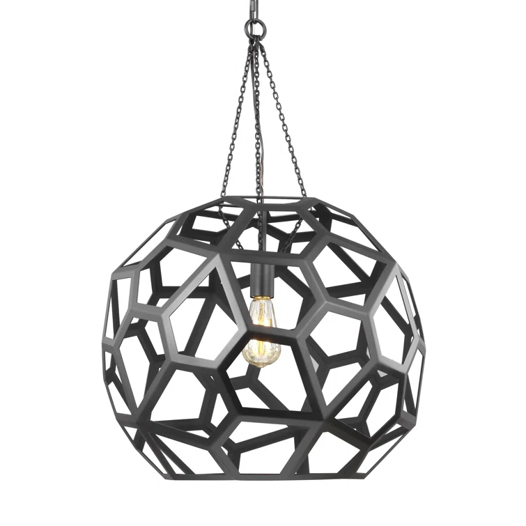 Midnight Black Globe Pendant Light with Hexagonal Frame