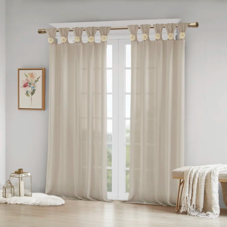 Madison Park Rosette Floral Embellished Cuff Tab Top Solid Single Curtain Panel