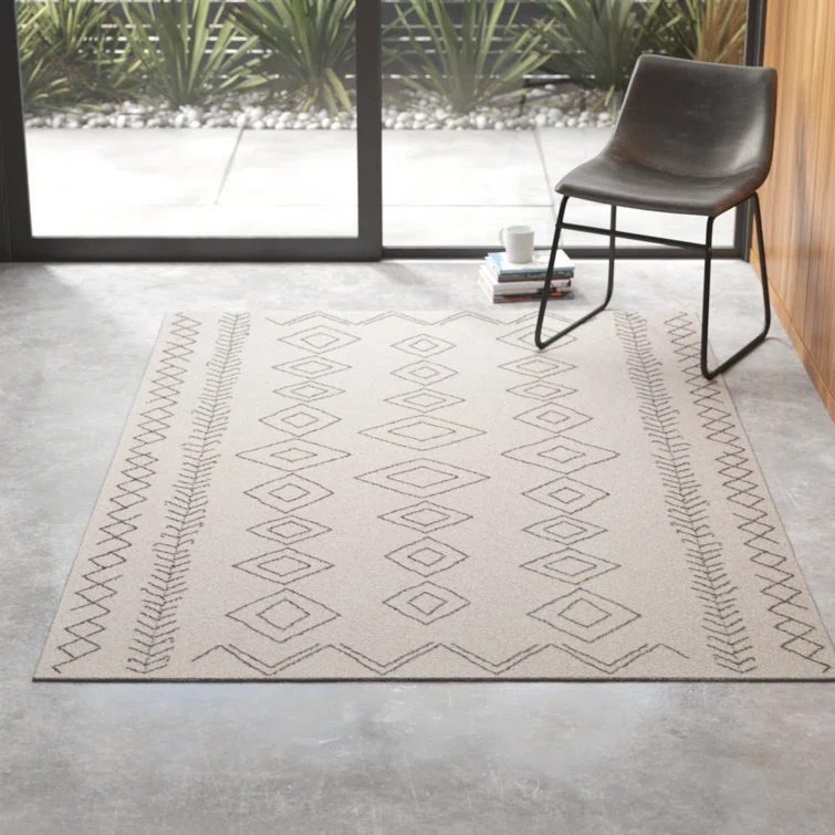 Ezri Diamond Indoor/Outdoor Area Rug for Living Room Patio Deck Front Porch Kitchen, Ivory/Dark Grey