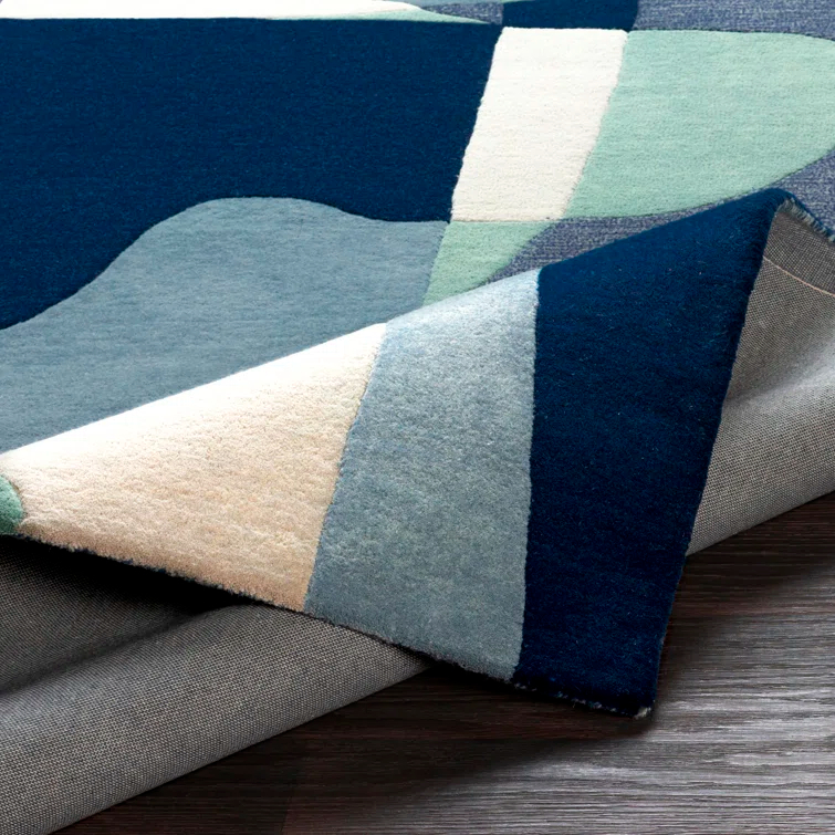 Forum Hand Tufted Wool Geometric Area Rug in Teal/Navy/Beige